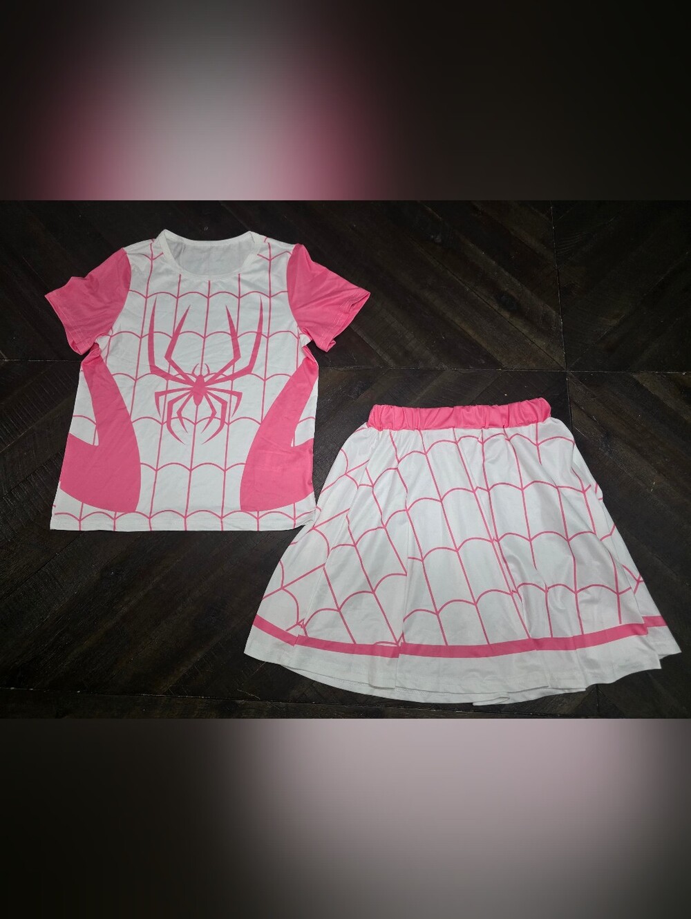 SHEIN White & Pink Spider Web Tee and Skirt Costume Set